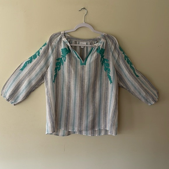 J. Jill Tops - J. Jill Love Linen Blouse White With Teal Stripes Scroll Pattern Size M